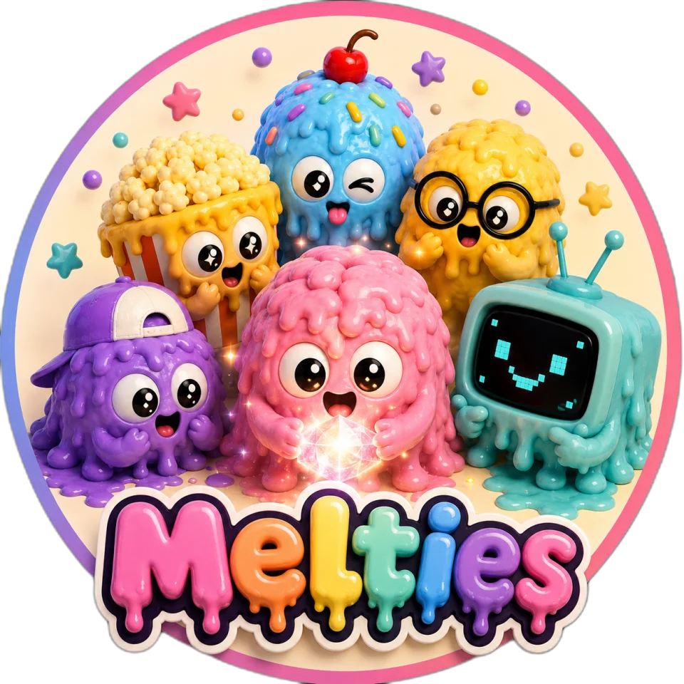 The seven Melties characters around the Melties logo